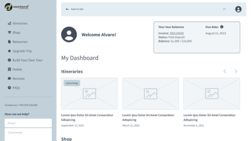 Easy Travel Guest Portal showing itinerary, documents, and travel details online.
